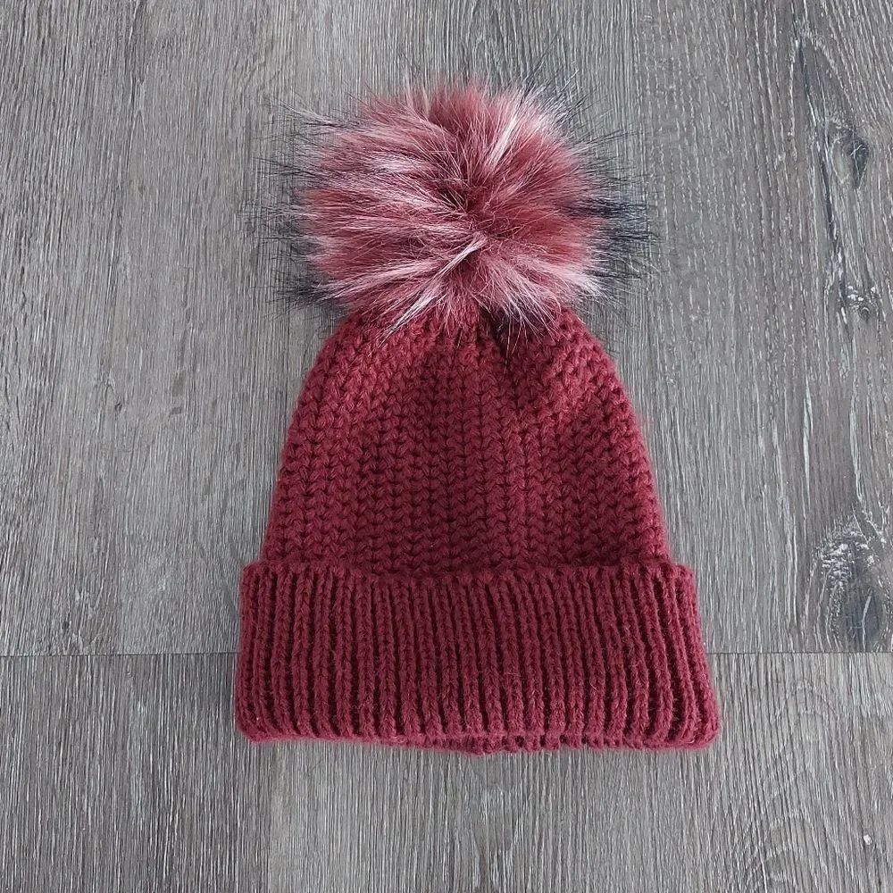 Burgundy Knit Pom Pom Beanie